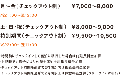 土・日・祝（チェックアウト制）￥8,000～9,000／特別期間（チェックアウト制）￥9,500～10,500　※22：00～翌11：00　・時間前にチェックインして宿泊に移行した場合は前延長料金加算・上記時でも場合により休憩＋宿泊＋前延長料金加算・チェックアウト時間を過ぎて2時間以内は後延長料金加算・チェックアウト時間を過ぎて2時間以上は休憩料金加算（フリータイムに移行）