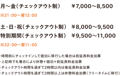 月～金（チェックアウト制）￥7,000～8,500　※21：00～翌12：00／土・日・祝（チェックアウト制）￥8,000～9,500　※22：00～翌10：00／特別期間（チェックアウト制）￥8,500～11,000　※22：00～翌11：00　・時間前にチェックインして宿泊に移行した場合は前延長料金加算・上記時でも場合により休憩＋宿泊＋前延長料金加算・チェックアウト時間を過ぎて2時間以内は後延長料金加算・チェックアウト時間を過ぎて2時間以上は休憩料金加算（フリータイムに移行）