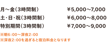 月～金（3時間制）￥5,000～7,000／土・日・祝（3時間制）￥6,000～8,000／特別期間（3時間制）￥7,000～9,000　※朝6：00～深夜2：00　※深夜2：00を過ぎると宿泊料金となります